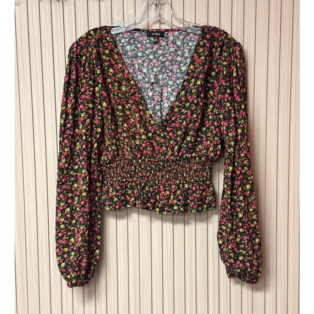 AFRM Los Angeles Floral Smocked Waist V-Neck Blouse Women's Size M